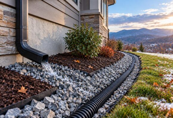 Exterior drainage system with a downspout and French drain directing water away from a home foundation before winter freezes.